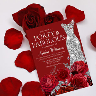 Red Roses Silver Diamond Gown 40th Birthday Party Kaart