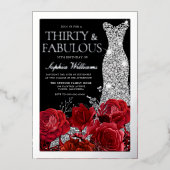Red Roses & Silver Foil Black 30th Birthday Folie Uitnodiging (Voorkant)