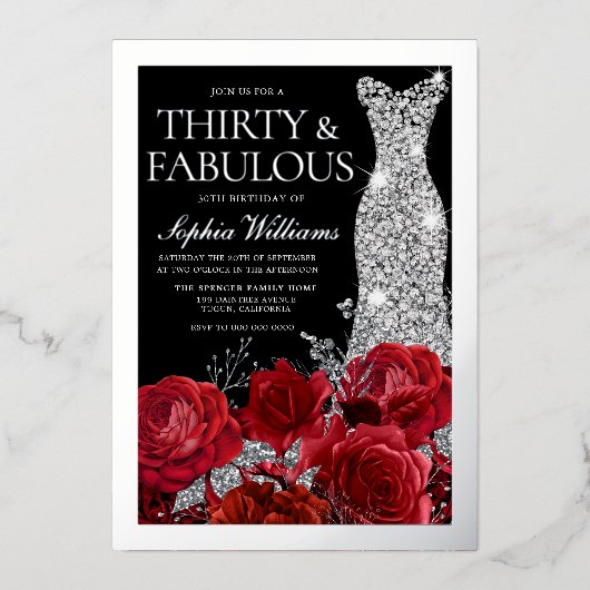 Red Roses & Silver Foil Black 30th Birthday Folie Uitnodiging (Voorkant)