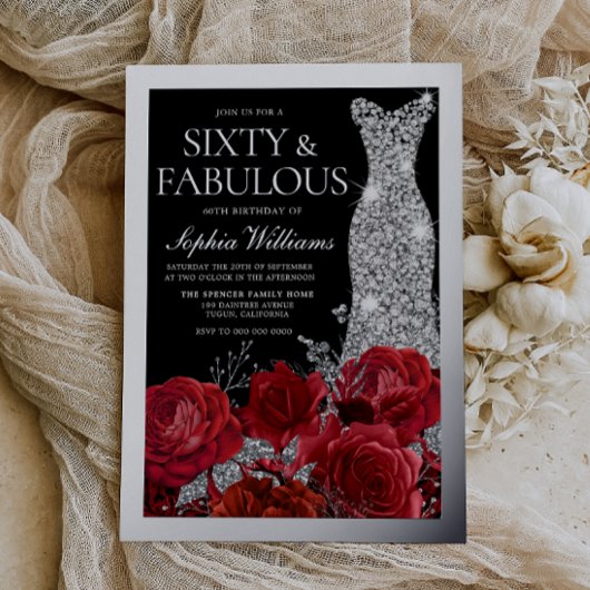 Red Roses & Silver Foil Black 60th Birthday Folie Uitnodiging