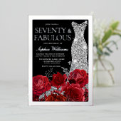 Red Roses & Silver Foil Black 70th Birthday Folie Uitnodiging (Staand Voorkant)
