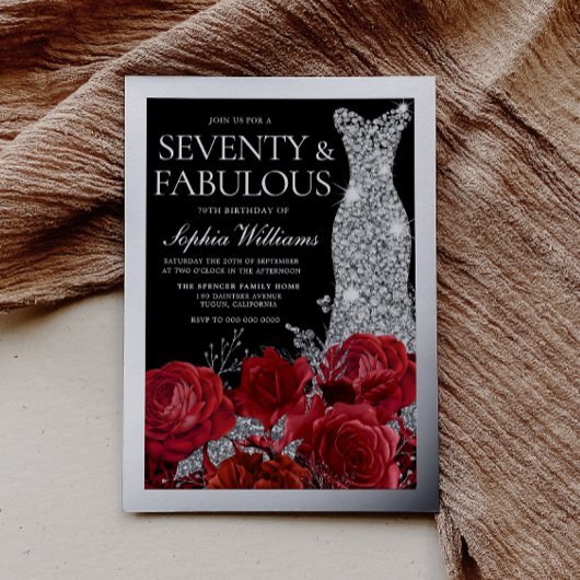 Red Roses & Silver Foil Black 70th Birthday Folie Uitnodiging