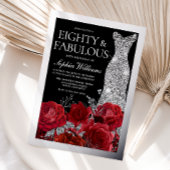 Red Roses & Silver Foil Black 80th Birthday Folie Uitnodiging