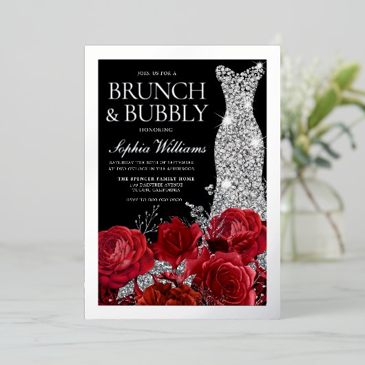Red Roses & Silver Foil Black Bridal Shower Folie Uitnodiging (Staand Voorkant)