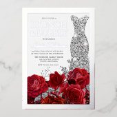 Red Roses & Silver Foil Border Bridal Shower Folie Uitnodiging (Voorkant)