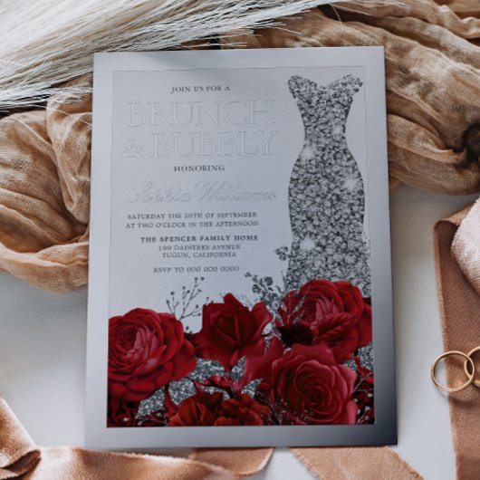 Red Roses & Silver Foil Border Bridal Shower Folie Uitnodiging