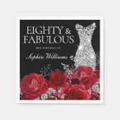 Red Roses Silver Gown Black 80th Birthday Napkins Servet (Voorkant)