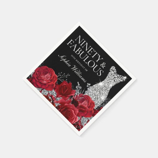 Red Roses Silver Gown Black 90th Birthday Servet (Hoek)