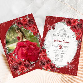 Red Roses Silver Quinceañera 15e verjaardagsfeest Kaart