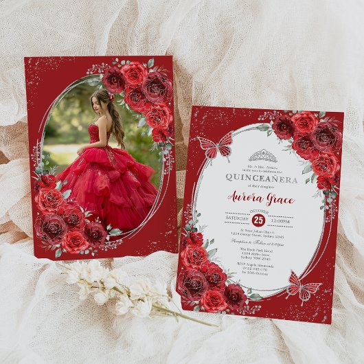 Red Roses Silver Quinceañera 15e verjaardagsfeest Kaart