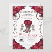 Red Roses Silver Westerne Cowgirl Boots Quinceaner Kaart (Voorkant)