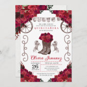 Red Roses Silver Westerne Cowgirl Boots Quinceaner Kaart (Voorkant / Achterkant)