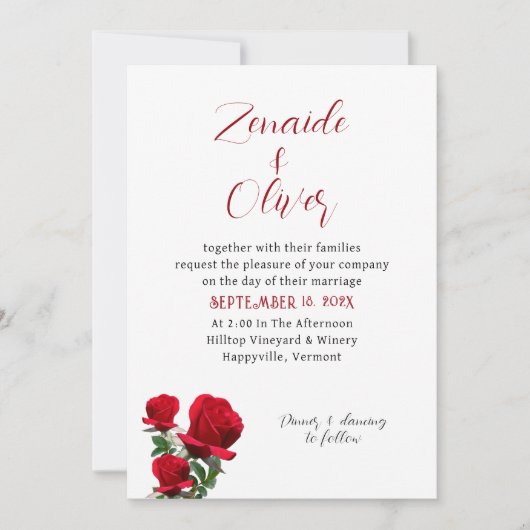 Red Roses Simple White Wedding Invitation Kaart (Voorkant)
