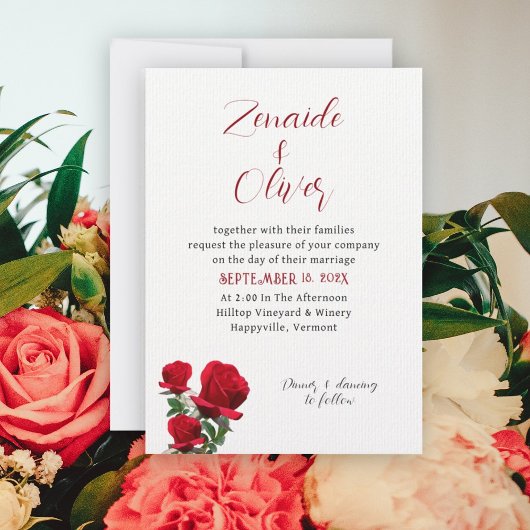Red Roses Simple White Wedding Invitation Kaart
