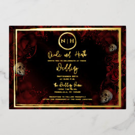 Red Roses Skulls Dark Floral Weduwfoto Gold Folie Uitnodiging