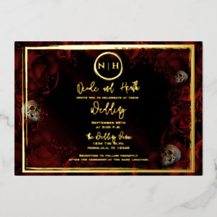 Red Roses Skulls Dark Floral Weduwfoto Gold Folie Uitnodiging