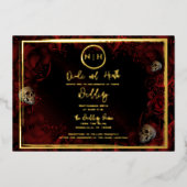 Red Roses Skulls Dark Floral Weduwfoto Gold Folie Uitnodiging (Voorkant)