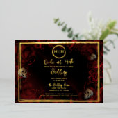 Red Roses Skulls Dark Floral Weduwfoto Gold Folie Uitnodiging (Staand Voorkant)