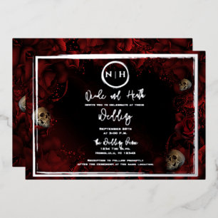 Red Roses Skulls Dark Floral Weduwfoto Zilver Folie Uitnodiging