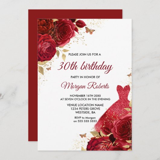 Red Roses Sparkle Dress 30th Birthday Party Kaart (Voorkant / Achterkant)