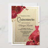 Red Roses Sparkle Dress Glitter Quinceanera Kaart (Voorkant)