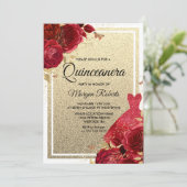 Red Roses Sparkle Dress Glitter Quinceanera Kaart (Staand voorkant)