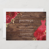 Red Roses Sparkle Dress Rustic Quinceanera Party Kaart (Voorkant)