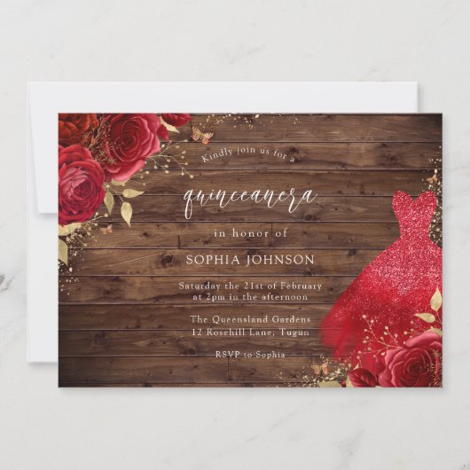 Red Roses Sparkle Dress Rustic Quinceanera Party Kaart (Voorkant)