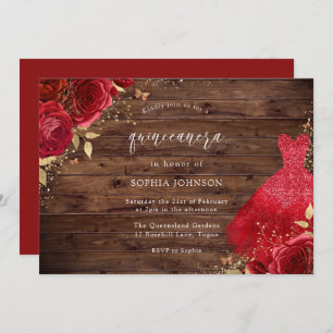 Red Roses Sparkle Dress Rustic Quinceanera Party Kaart