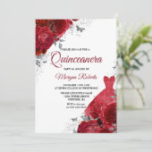 Red Roses Sparkle Dress Silver Quinceanera Kaart (Staand voorkant)