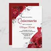 Red Roses Sparkle Dress Silver Quinceanera Kaart (Voorkant / Achterkant)