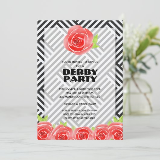 Red Roses Stripes Derby Party Kaart (Staand voorkant)