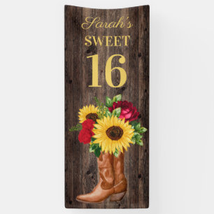 Red Roses Sunflower Cowboy Boots Sweet 16 Banner