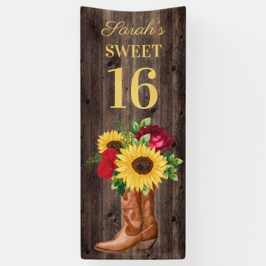 Red Roses Sunflower Cowboy Boots Sweet 16 Banner (Verticaal)