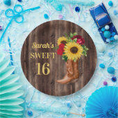 Red Roses Sunflower Cowboy Boots Sweet 16 Papieren Bordje (Feest)
