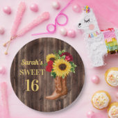 Red Roses Sunflower Cowboy Boots Sweet 16 Papieren Bordje (Feest)