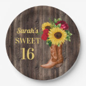 Red Roses Sunflower Cowboy Boots Sweet 16 Papieren Bordje (Voorkant)