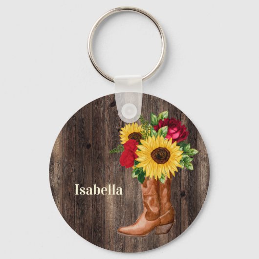 Red Roses Sunflower Cowgirl Boots naam Sleutelhanger (Voorkant)