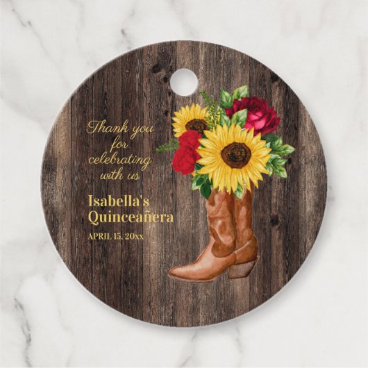 Red Roses Sunflower Cowgirl Boots Quinceanera Bedankjes Labels (Voorkant)