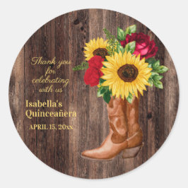 Red Roses Sunflower Cowgirl Boots Quinceanera Ronde Sticker