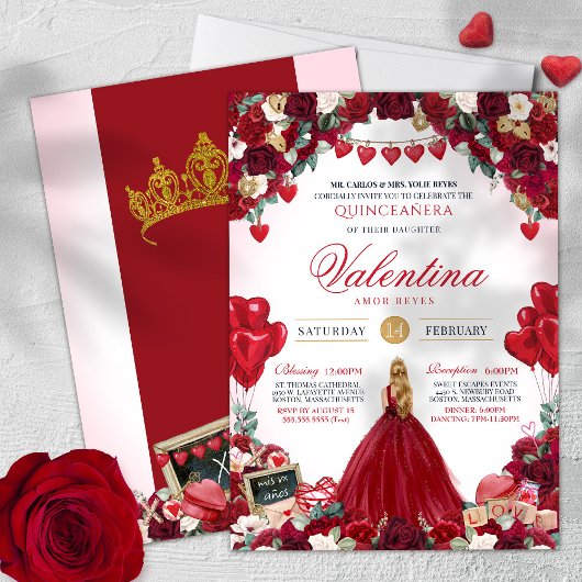 Red Roses Sweet 15 Valentijns's Quinceanera Kaart
