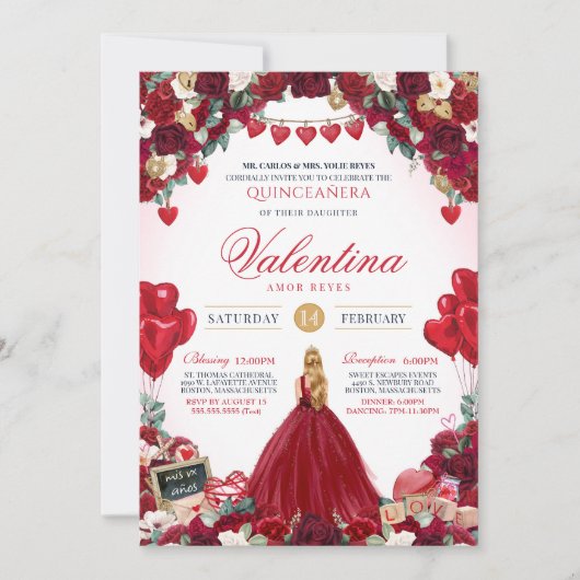 Red Roses Sweet 15 Valentijns's Quinceanera Kaart (Voorkant)