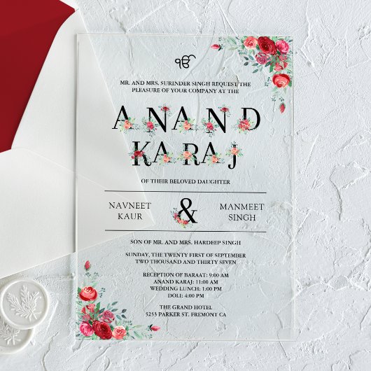 Red Roses Typografie Anand Karaj Sikh Bruiloft Acryl Uitnodigingen