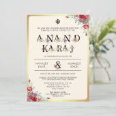 Red Roses Typografie Anand Karaj Sikh Bruiloft Kaart (Staand voorkant)