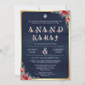 Red Roses Typografie Blauw Anand Karaj Sikh Bruilo Kaart (Voorkant)