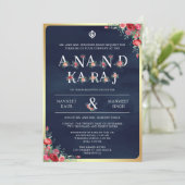 Red Roses Typografie Blauw Anand Karaj Sikh Bruilo Kaart (Staand voorkant)