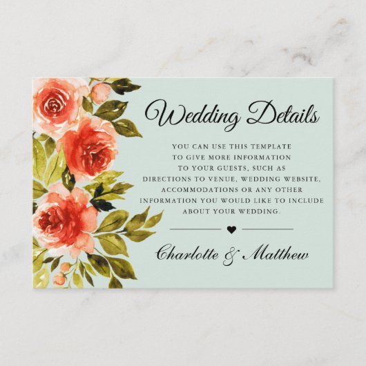 Red Roses Waterverf Botanische bruiloft Details Informatiekaartje (Voorkant)