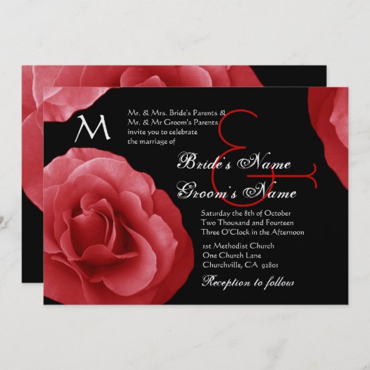 Red Roses Wedding Invitation Metallic Kaart (Voorkant / Achterkant)