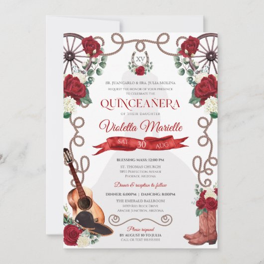 Red Roses Western Quinceañera Elegant Charro Kaart (Voorkant)