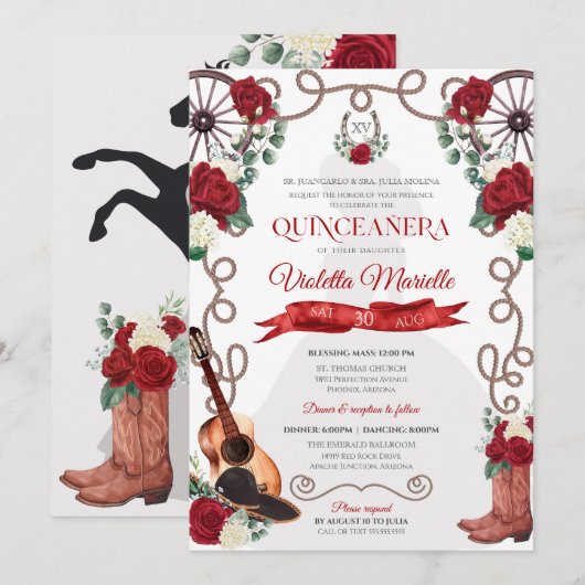 Red Roses Western Quinceañera Elegant Charro Kaart (Voorkant / Achterkant)